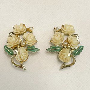 Vintage Clip-on Rose Earrings with Pearls and Green Leaves